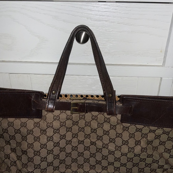 AUTHENTIC GUCCI PRELOVED HANDBAG BROWN BEIGE CANVAS LEATHER GG SATCHEL BUCKLE - Picture 3 of 9